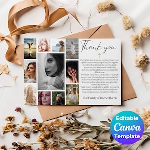Carte de remerciement pour les funérailles, carte de gratitude commémorative modifiable, carte de remerciement avec sympathie, en souvenir, célébration de la vie, carte du souvenir