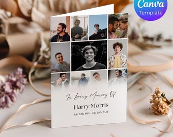 Op de afbeelding: Een witte kaart met een collage van foto's van een man. De kaart luidt "In liefdevolle herinnering aan Harry Morris 20 juli 1993 20 juli 2024".