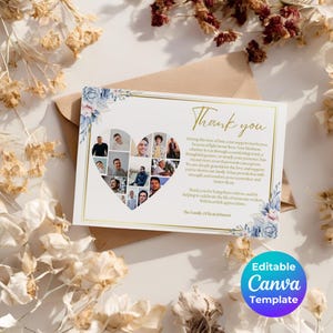 Carte de remerciement pour les funérailles, carte de gratitude commémorative modifiable, carte de remerciement avec sympathie, en souvenir, célébration de la vie, carte du souvenir,