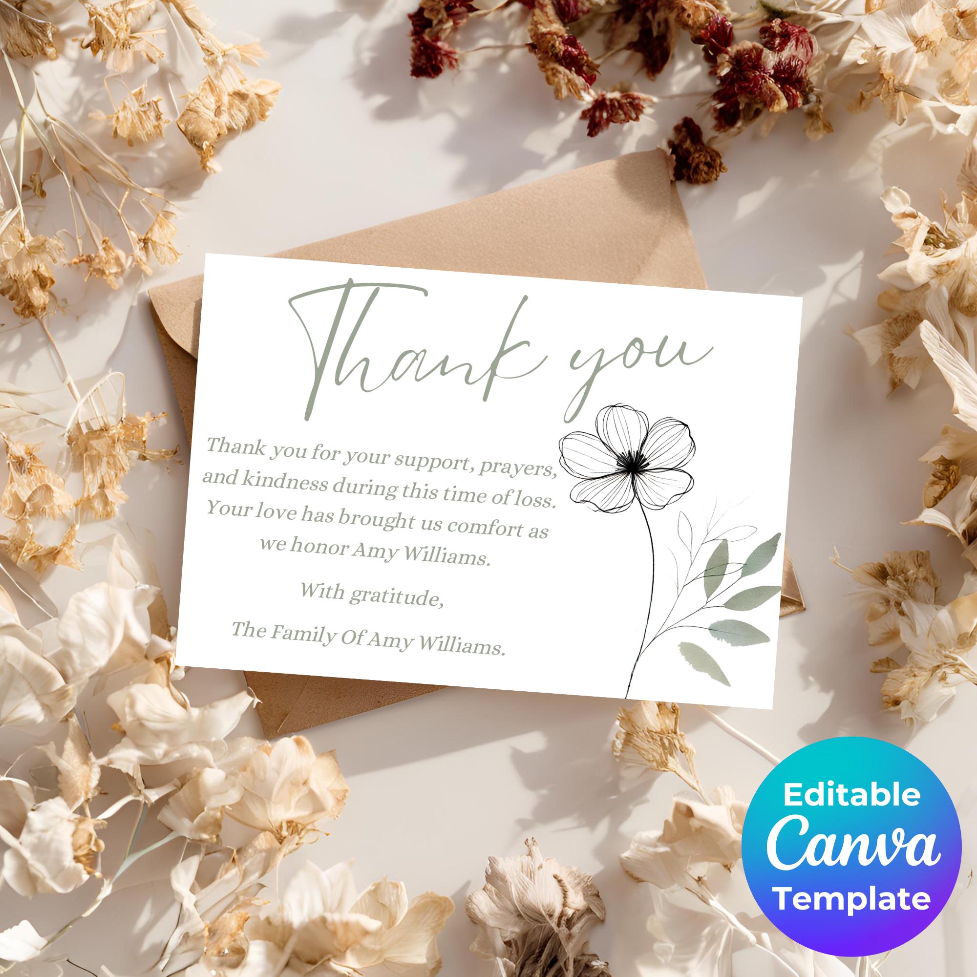 Editable Funeral Thank You Card Template - 6x4 Digital Download ...