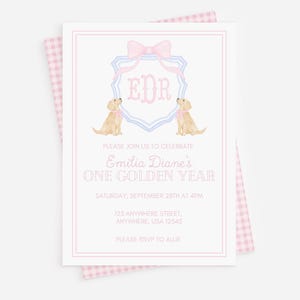 One Golden Year Birthday Invitation, Watercolor Golden Retriever Birthday Invite, Girl Puppy Party Birthday, Girl Puppy Birthday