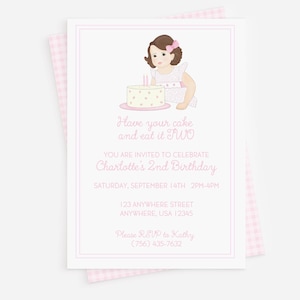 Have Your Cake and Eat it TWO Birthday Invite, Watercolor Girl 2nd Birthday Invitation, Digital Girl Cake Second Birthday Invite