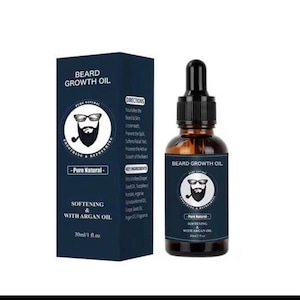 May include: A dark blue box and a brown glass bottle of beard growth oil. The box and bottle feature a logo of a bearded man wearing glasses. The text on the box and bottle reads "BEARD GROWTH OIL", "SOFTENING & WITH ARGAN OIL", and "30ml / 1 fl.oz."