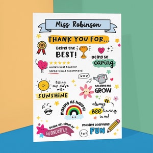 May include: A colorful thank you card for a teacher with the text "Miss Robinson Thank You For..." and illustrations of a sun, a rainbow, a flower, a heart, a trophy, a pencil, and a bee.