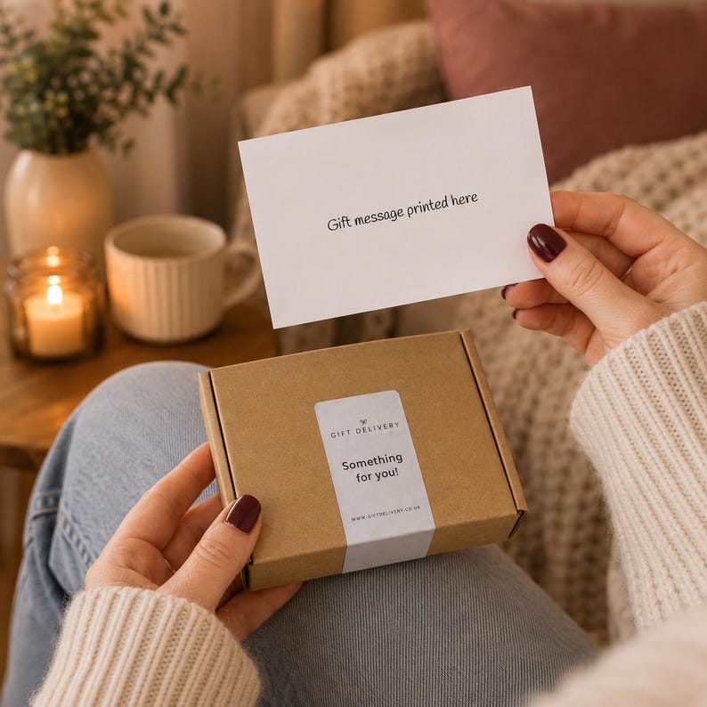 May include: A small rectangular brown cardboard gift box with a white label that reads Gift Delivery Something for you! and a white card above it with the text Gift message printed here, held in place by two hands with dark red nail polish.