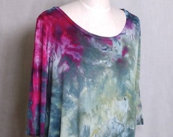 Misty Blue Green and Bright Pink Ice Dyed Rayon Jersey Super Soft 3/4 Sleeve Tunic size 2XL