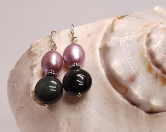 Rainbow Obsidian and Lilac Freshwater Pearl Sterling Silver Dangle earrings