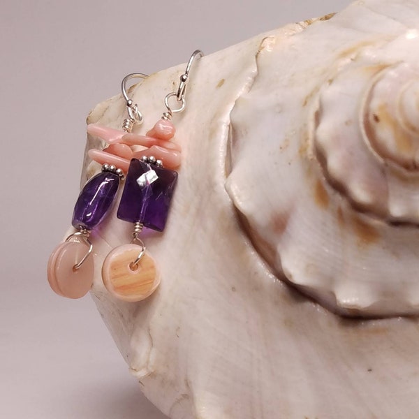 Purple Amethyst Pink Coral and mother of pearl Sterling Silver Dangle Earrings g12