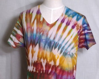 Ice Dyed V Neck Tee Rainbow Red Gold Brown  Purple Blue Tie Dye Unisex size Large