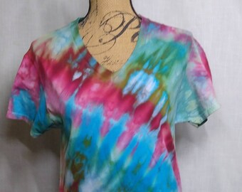 Ice Dyed V Neck Tee Shirt Cerulean Blue Hot Pink and Green Tie Dye Unisex size Small