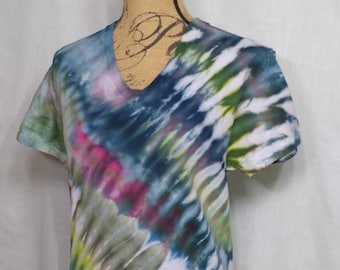 Ice Dyed V Neck Tee Shirt Vibrant Indigo Sage Green Tie Dye Unisex size Small