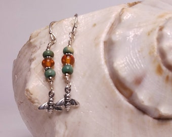 Turquoise and Amber Honey Bee Sterling Silver Dangle Earrings