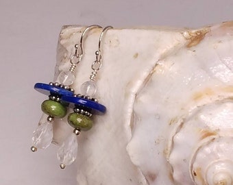 Lapis Gaspeite Moonstone Quartz and Sterling Silver Dangle Earrings