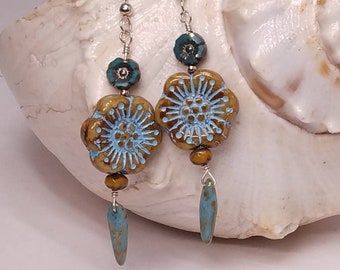 Ivory Rose Blossom Dangle Earrings with Turquoise Blue Accents and Thorn Beads