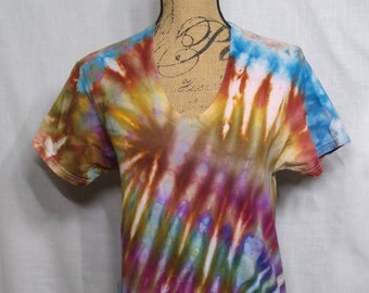 Ice Dyed V Neck Tee Shirt Rust Brown Bright Blue Tie Dye Unisex size Small