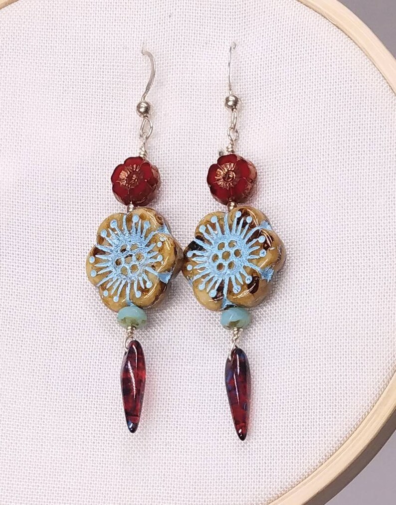 Ivory Turquoise Rose Blossom and Ruby Red Drop Earrings Cz13 image 2