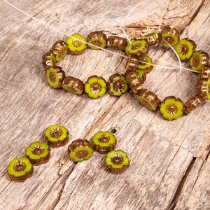 Lime Green Silk Glass Hibiscus flower beads with Bronze Finish 9mm Table Cut Bright Green Flower Round Beads image 7
