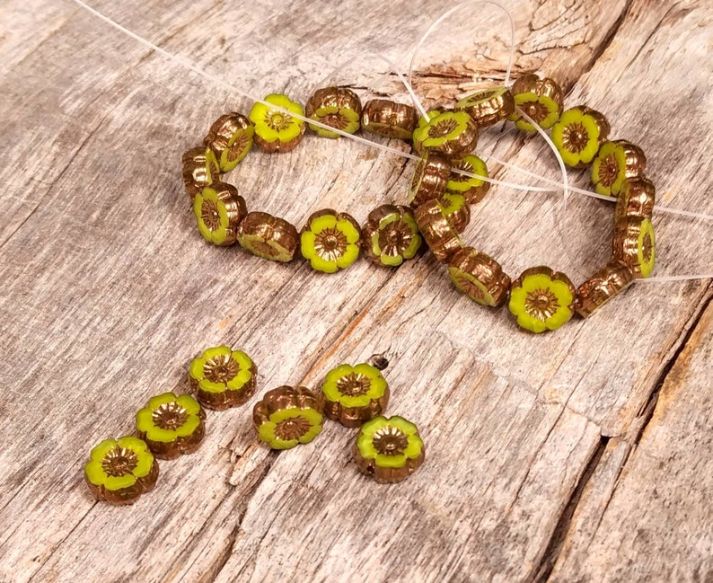 Lime Green Silk Glass Hibiscus flower beads with Bronze Finish 9mm Table Cut Bright Green Flower Round Beads image 7