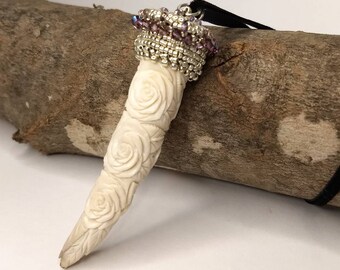 Rose Dagger Carved Antler Pendant with Hand Beaded Silver Glass and Swarovski Crystal Crown