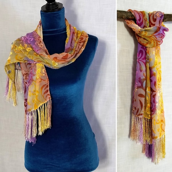 Purple Pink Yellow Hand Dyed Velvet Devore Scarf 10" x 50" in Painted Desert Colorway with fringe