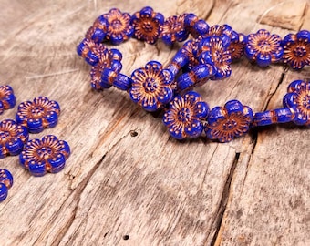 Lapis Blue Opaque Wild Rose Beads with Copper wash -  14 mm - full or half strand