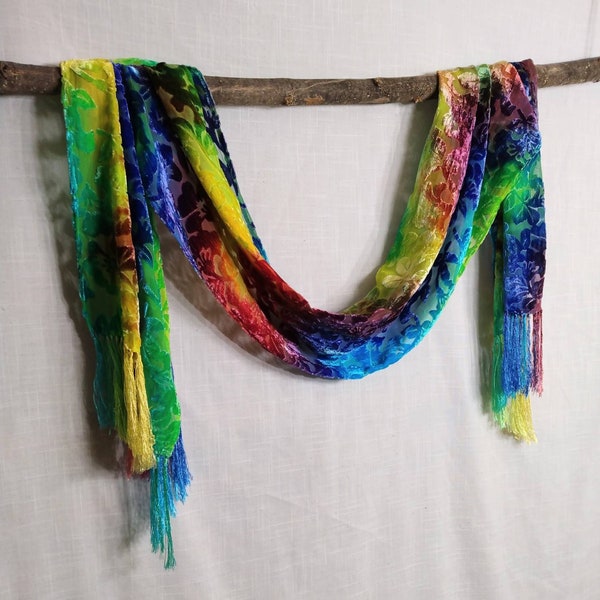 Rainbow Velvet Devore Burn Out Scarf in Prismatic Colorway