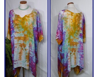 Women's size 2XL Tunic - Lagenlook Ice Dyed Blouse in Purple Gold  -Oversized Asymmetrical Layering Shirt - 0823PS2XL2