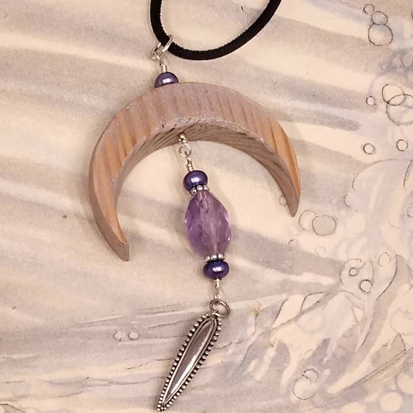Crescent Moon pendant with Amethyst and Sterling Silver accent Moon Phase Necklace made with Recycled Barn Lumber