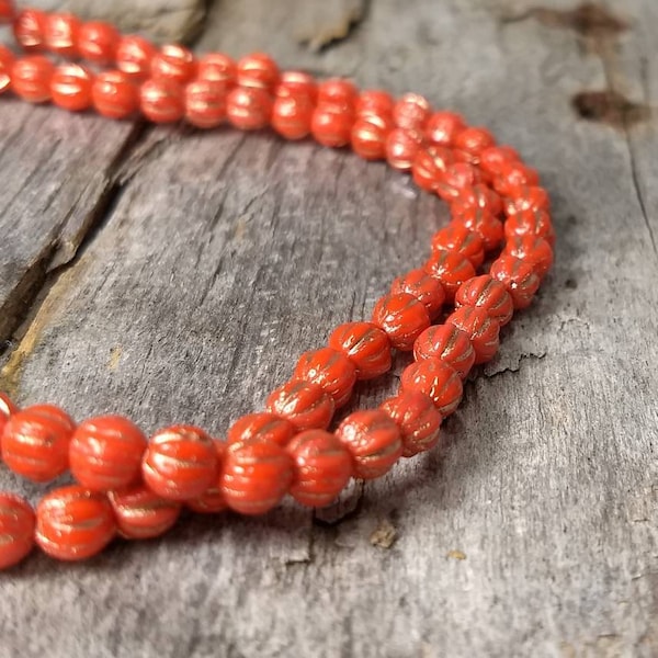 4 mm Coral Red Orange Melon Bead with Gold Wash Small Pressed Czech Glass Beads - Scarlet Red Gilded Rounds