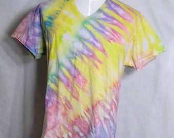 Ice Dyed V Neck Tee Pastel Neon Yellow and Rainbow  Tie Dye Unisex size XL