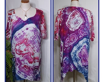 Women's size M Tunic - Lagenlook Ice Dyed Blouse in  Violet Plum colorway -Oversized Asymmetrical Layering Shirt - 0823VPM1