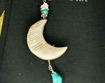 Pearl and Turquoise Crescent Moon Pendant made of Salvaged Old Growth Barn Lumber with Sterling Silver Freshwater Pearl and Turquoise