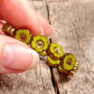Lime Green Silk Glass Hibiscus flower beads with Bronze Finish 9mm Table Cut Bright Green Flower Round Beads image 2