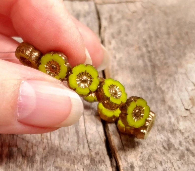 Lime Green Silk Glass Hibiscus flower beads with Bronze Finish 9mm Table Cut Bright Green Flower Round Beads image 2