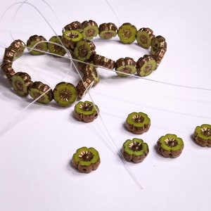Lime Green Silk Glass Hibiscus flower beads with Bronze Finish 9mm Table Cut Bright Green Flower Round Beads image 6
