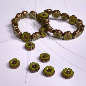 Lime Green Silk Glass Hibiscus flower beads with Bronze Finish 9mm Table Cut Bright Green Flower Round Beads image 5