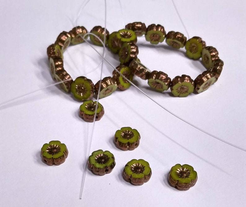 Lime Green Silk Glass Hibiscus flower beads with Bronze Finish 9mm Table Cut Bright Green Flower Round Beads image 5