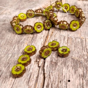 Lime Green Silk Glass Hibiscus flower beads with Bronze Finish 9mm Table Cut Bright Green Flower Round Beads image 8