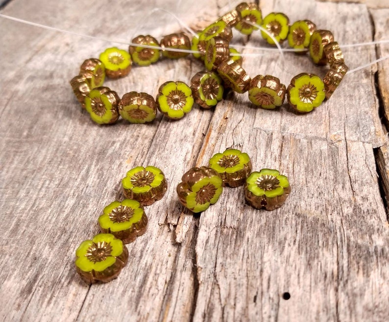 Lime Green Silk Glass Hibiscus flower beads with Bronze Finish 9mm Table Cut Bright Green Flower Round Beads image 8