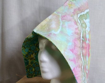 Pastel Agate pattern Pixie Hat size Large Reversible Hand Dyed Farie Festival Cap in Line Green Yellow Hot Pink