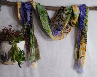 Purple Sedge Velvet Burn Out Scarf in Mossy Greens Golds Purple 14 x 72 inches Hand Dyed Devore Scarf
