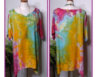 Women's size XL Tunic - Lagenlook Ice Dyed Blouse in  Brilliant Blues Yellows-Oversized Asymmetrical Layering Shirt - 0823DuXL1