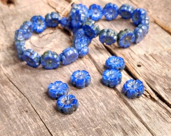 Royal Blue Silk Glass Hibiscus flower beads with Picasso Finish 10mm Table Cut Bright Blue Flower Round Beads