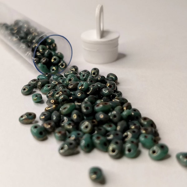 Turquoise Bronze Picasso SuperDuo or MiniDuo Seed Beads - 10 grams - dark turquoise twin beads with glossy bronze picasso finish