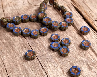 Royal Blue Silk Glass Hibiscus flower beads with Picasso Finish 7mm Table Cut Dark Blue Flower Round Beads