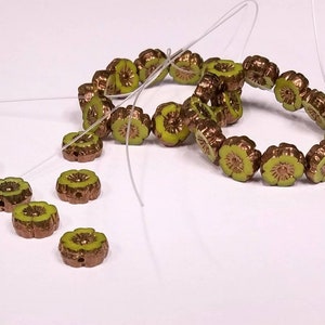 Lime Green Silk Glass Hibiscus flower beads with Bronze Finish 9mm Table Cut Bright Green Flower Round Beads image 4