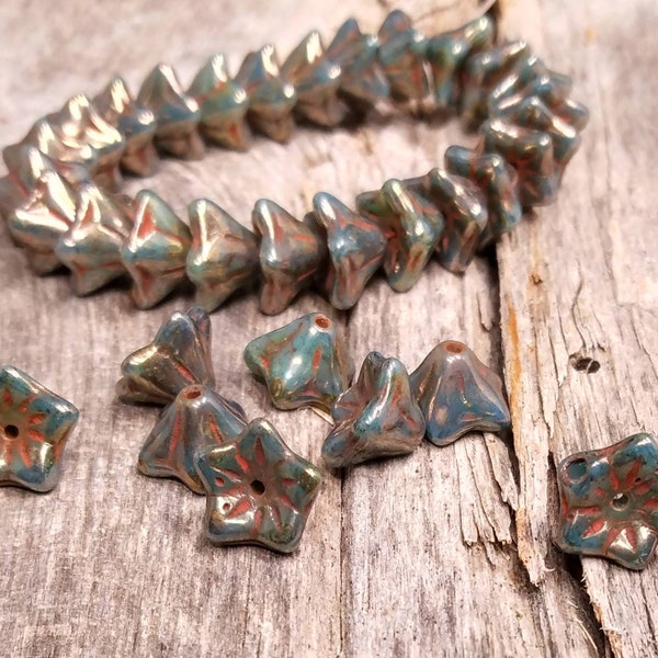 Sea Green Bell Flower Beads with Bronze Finish - size 5 x 8 mm full or half strand