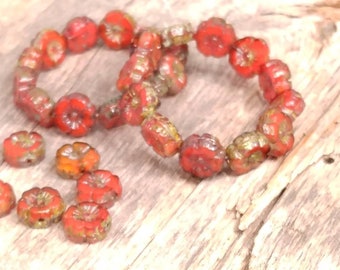 Burnt Orange Opaline Glass Hibiscus flower beads with Picasso Finish 9mm Table Cut Dark Orange Flower Round Beads