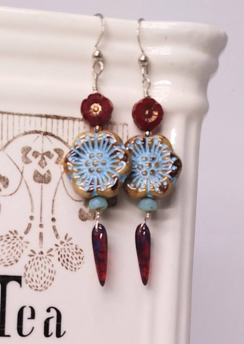 Ivory Turquoise Rose Blossom and Ruby Red Drop Earrings Cz13 image 4
