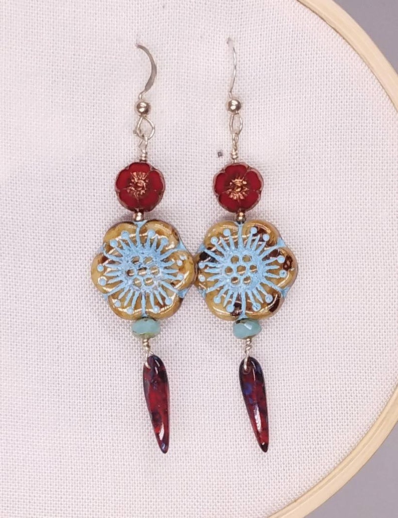 Ivory Turquoise Rose Blossom and Ruby Red Drop Earrings Cz13 image 5